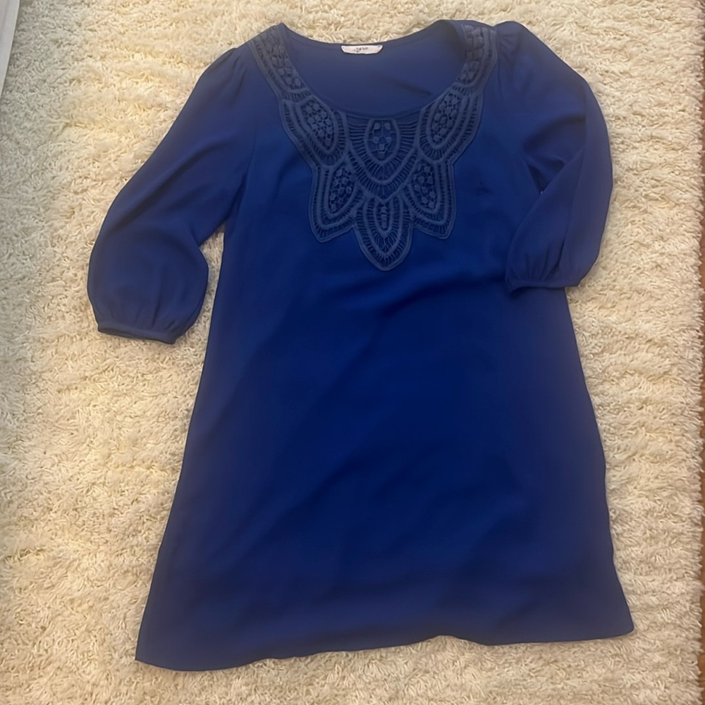 Blue lined shift dress with three-quarter length sleeves and embroidery detail.